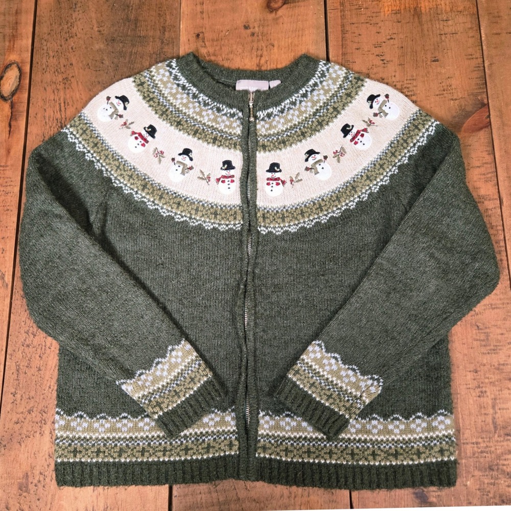 Croft & Barrow Womens Medium Green Silk Blend Snowman Fair Isle Zip Cardigan